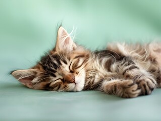 Adorable Sleeping American Curl Kitten on Pastel Green Background
