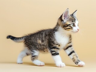 Curious Munchkin Kitten Exploring on Pastel Yellow Background