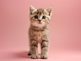 Obraz premium Cute Kitten Scottish Fold Sitting on Pastel Pink Background