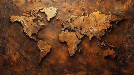 Rustic world map with textured background and earthy tones