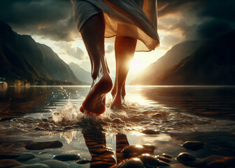Jesus walking on water close up of feet walking on sea or ocean	
