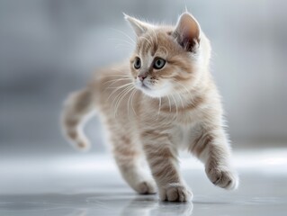 Adorable British Shorthair Kitten Walking on Clean Pastel Gray Background