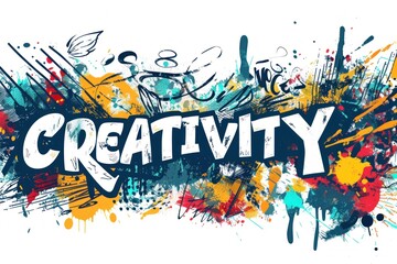A typographic collage representing "CREATIVITY" with splashes of vibrant paint and various artistic symbols in a chaotic yet organized arrangement.