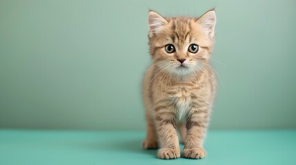 Obraz premium Adorable Scottish Fold Kitten Posing on Pastel Green Backdrop