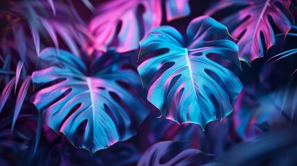 Blue and purple neon light highlighting monstera leaves, set against a backdrop of a high-tech jungle, merging organic and technological elements