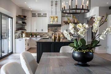 an open concept kitchen and dining room in a luxury home, in the modern farmhouse style with white cabinets