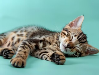 Cute Sleeping Bengal Kitten on Pastel Aqua Background