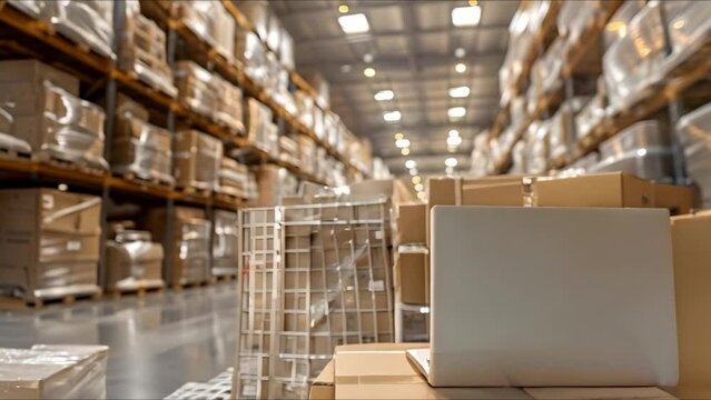 Warehouse filled with packages and laptop mockup for delivery service business. Concept Warehouse Organization, Mockup Design, Logistics Management, Package Handling, Delivery Service