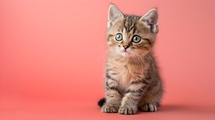 Obraz premium Cute Exotic Shorthair Kitten Sitting on Clean Pastel Coral Background