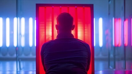Man sitting in front of red light therapy panel with obscured identity. Concept Portrait Photography, Red Light Therapy, Mood Lighting, Obscured Identity, Indoor Setting