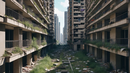 Silent Ruins: Abandoned High-Rises with Broken Balconies and Debris-Filled Hallways, Generative AI