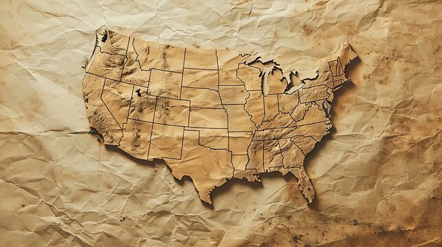 Vintage Map of the United States on Crumpled Paper