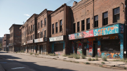 Fototapeta premium Ghost Town: War-Torn Buildings with Graffiti-Covered Walls and Empty Streets, Generative AI