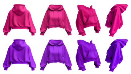 2 Set of magenta purple pink woman cropped hoodie hoody oversized Drop Shoulder sweatshirt jumper sweater long sleeve, front back side on transparent cutout PNG. Mockup template for artwork design