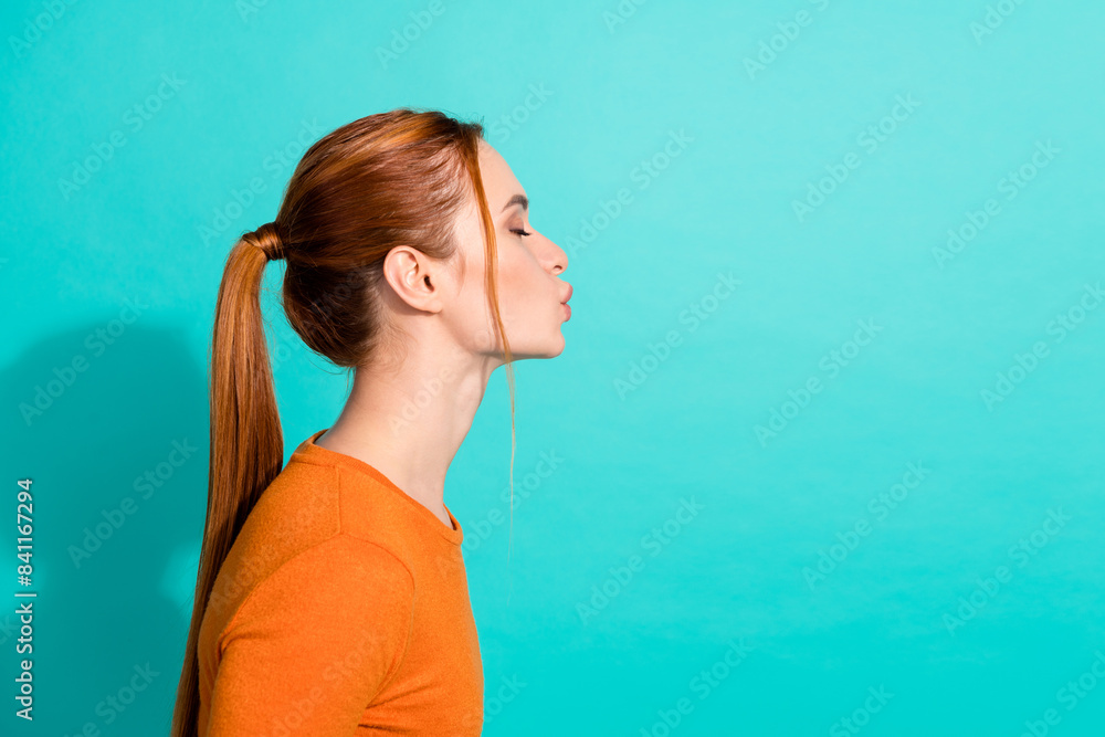 Canvas Prints side profile photo of lovely woman with foxy hair wear orange crop top send air kiss to empty space 