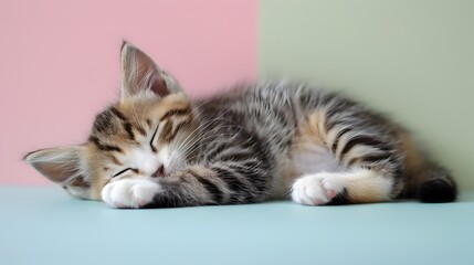 Adorable American Curl Kitten Sleeping Peacefully on Clean Pastel Opaline Background