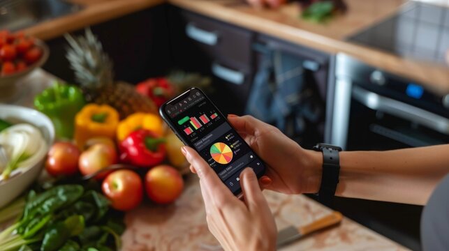 A person in a kitchen uses a smartphone app to track their nutrition and healthy eating habits. The app displays a pie chart and other data.