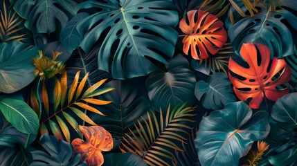A stunning seamless wallpaper pattern of exotic tropical foliage, with detailed leaves and vibrant colors, capturing the essence of nature for fashion use