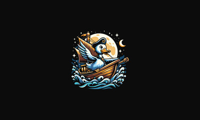 duck riding ship on sea night vector artwork design