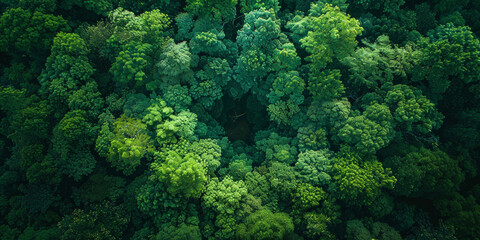 Aerial view of lush green forest canopy with dense clusters of vibrant foliage and a rich tapestry of varying shades of green illustrating the beauty and diversity of natural forest ecosystems.