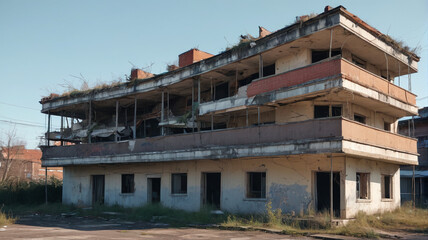 Fototapeta premium Decay and Silence: Derelict Buildings with Roofless Structures and Eerie Stillness, Generative AI