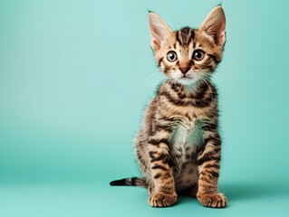 Cute Bengal Kitten Sitting Curiously on Pastel Celadon Background
