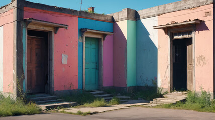 Fototapeta premium Ruins of Life: Abandoned Residences with Boarded-Up Entrances and Silent Echoes, Generative AI