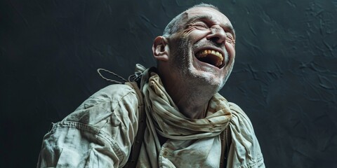 Obraz premium Deranged individual restrained in straightjacket, cackling maniacally.