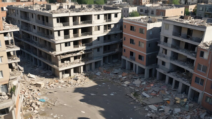 Devastated Dwellings: Crumbling Apartment Complexes with Rubble-Filled Streets and Vacant Lots, Generative AI