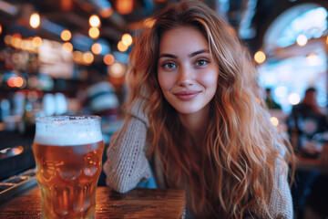 Indian woman enjoys her break at a cafe and drinks beer on table