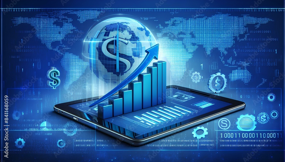 Poster a tablet displaying an upward-trending graph with a dollar sign and a world map in the background, s