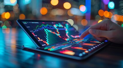 Close-up of tablet with financial graphs in a city at night