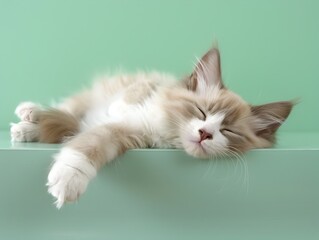 Sleeping Ragdoll Kitten on Pastel Green Background