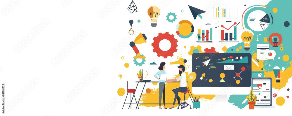 Poster a colorful image of a man and woman working on a computer with a large monitor. the image is titled 