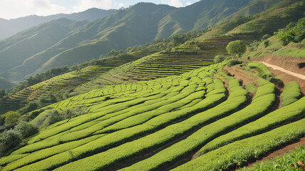 Scenic Tea Estate: Neatly Terraced Fields Stretching Across Hills, Generative AI