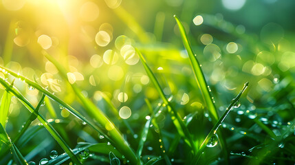 Obraz premium Beautiful water drop sparkle on a blade of grass in sunlight, macro. Big droplet of morning dew outdoor. Amazing artistic image of purity of nature