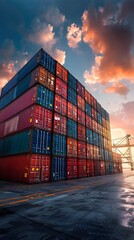 Fototapeta premium Stacks of Colorful Cargo Containers at Shipping Port with Dramatic Sky