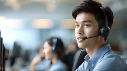 Asian male professional in call center providing excellent customer service. Concept Customer service excellence, Call center, Professionalism, Asian representation