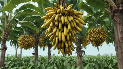 Banana Plantation: Thick Groves with Heavy Bunches Hanging from Plants, Generative AI
