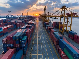 Aerial View of Bustling Container Port at Sunset with Cranes and Stacked Cargo Logistics