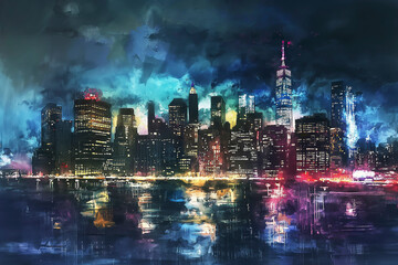 Fototapeta premium New York after dark: night skyline, cityscape, streets and landmarks painted with watercolor and oil
