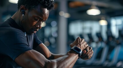 A man in a gym setting is wearing earbuds and checking his smartwatch. He appears to be taking a break from his workout.