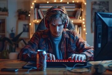 Obraz premium Energetic guy gaming with headphones and energy drink at wooden desk.