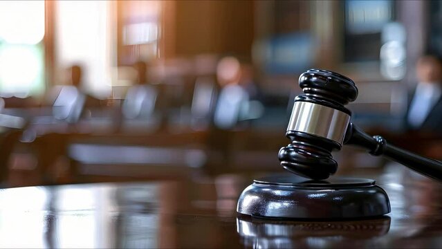 Gavel on courtroom table as attorneys converse before judge in civil case. Concept Courtroom, Legal Profession, Civil Litigation, Attorney Conversations, Gavel