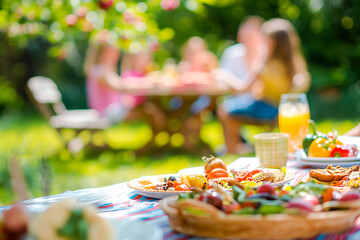 Family and friends having a picnic barbeque grill in the garden. having fun eating and enjoying time. sunny day in the summer. blurred background