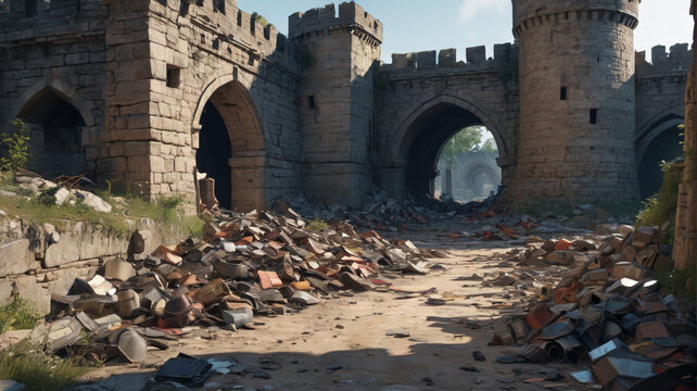 Plundered Fortress: Fallen Defenders, Looters Filling Their Coffers with Spoils, Generative AI