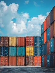 Aerial View of Stacked Freight Containers at Busy Shipping Port Logistics Center