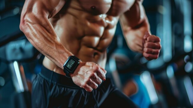 A close-up of a muscular man wearing a black smartwatch while working out intensely at the gym.