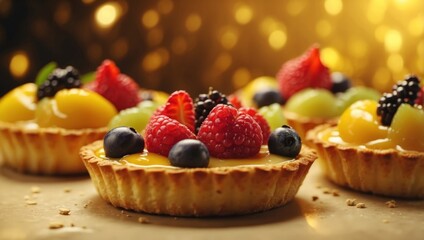 Luscious Fruit Tarts A Dazzling Display of Glazes Hovering Over a Golden Hour Pastel Yellow Backdrop.