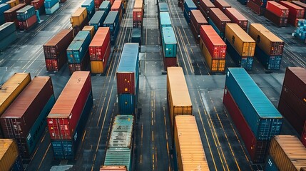 Aerial View of Colorful Cargo Containers at a Bustling Shipping Port Terminal